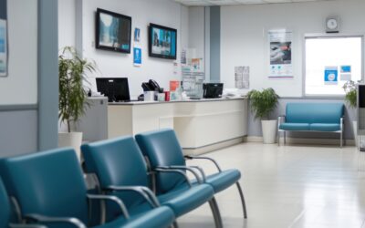 Hospital waiting room with reception counter at medical facility.
