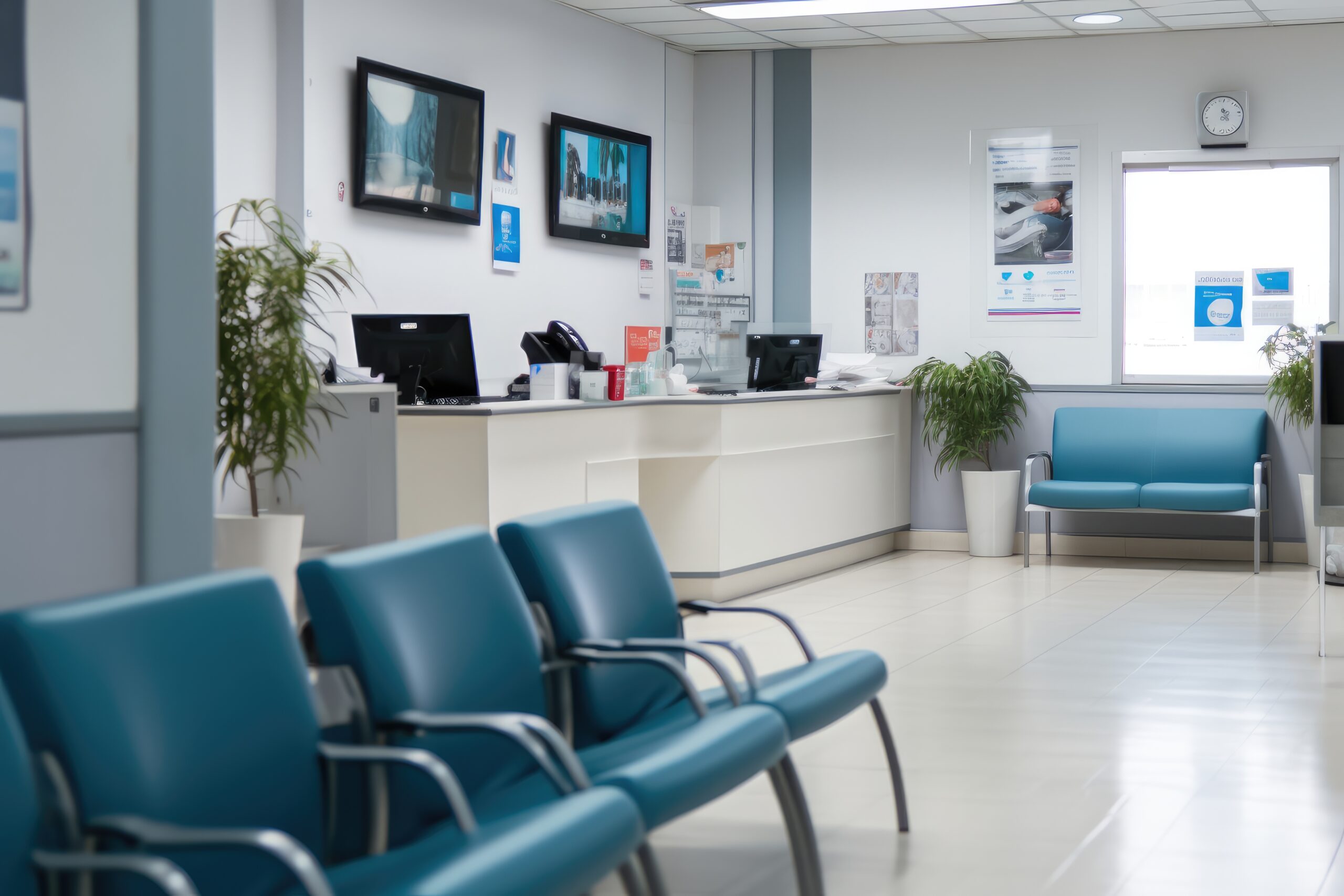 Hospital waiting room with reception counter at medical facility.