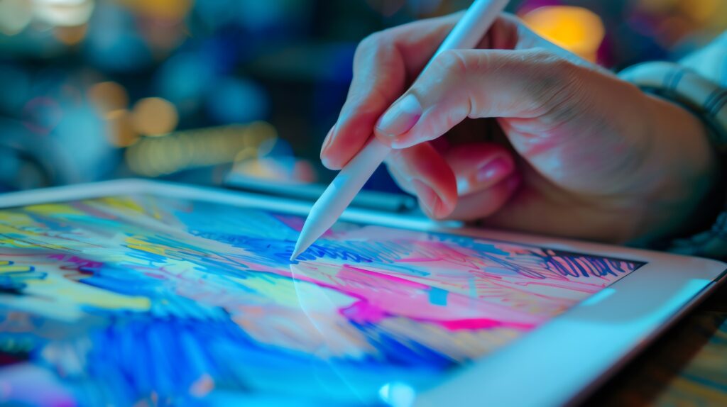 Close-up hand with digital pen for tablet screen device. Touch drawing on a display, modern technology gadget, electronic art, creative graphic design business, wireless media education, internet app